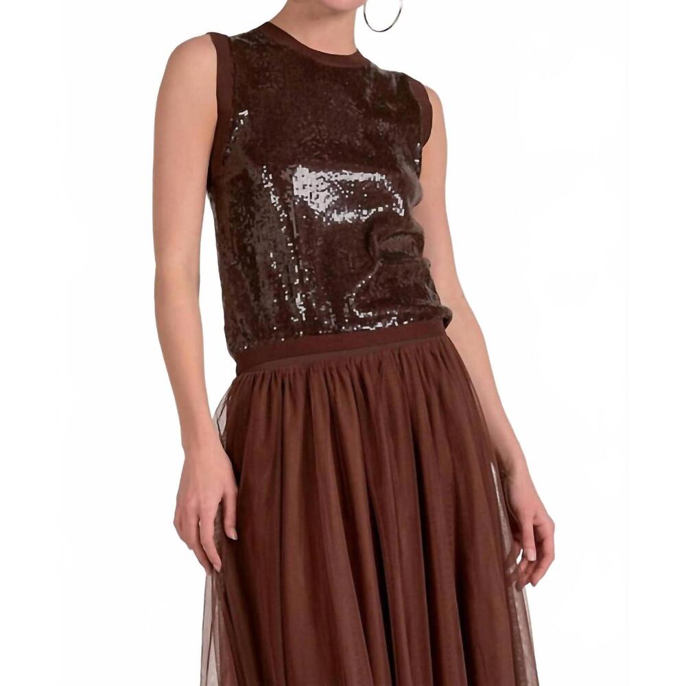 NEW ELAN haven sequin tank top in dark chocolate